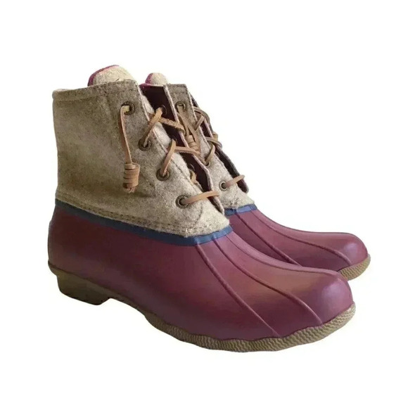 Sperry Saltwater Wool Women 8.5 Rain Duck Boots Tan Burgundy Lace Up Fall Winter - Picture 1 of 8